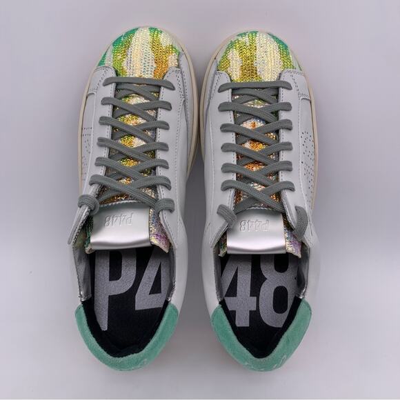 P448 John Women's White Leather Glitter Camo Iridescent Sneakers - Size: EUR 36 - Picture 5 of 15